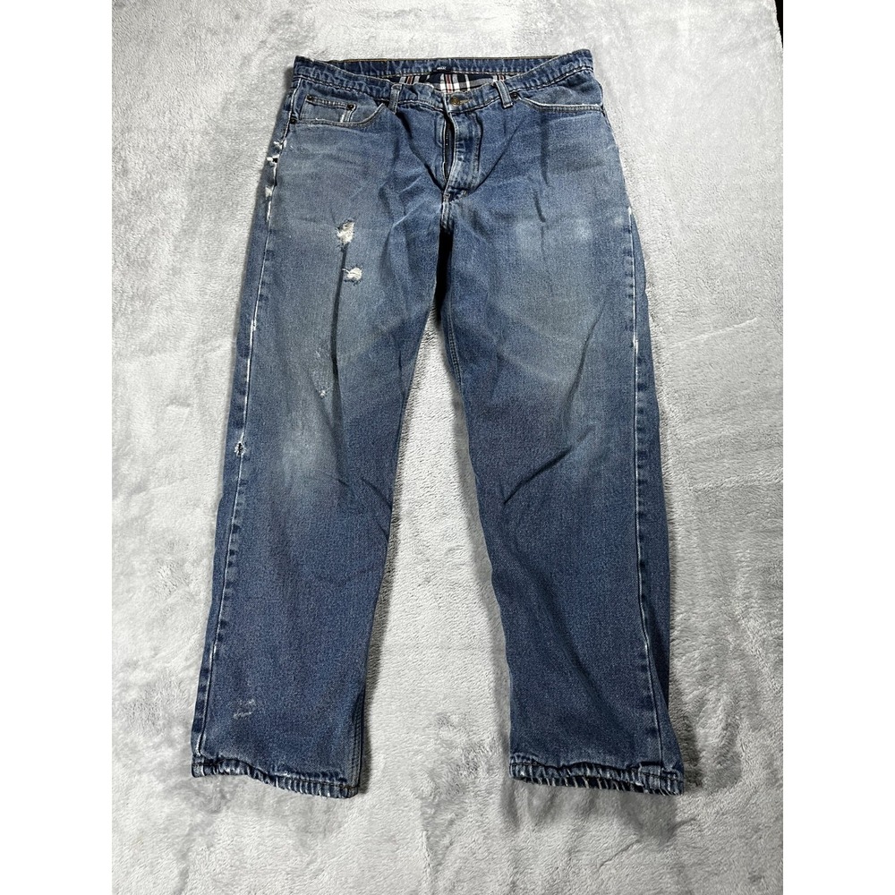 Full Blue Flannel Lined Denim Blue Jeans Men's Size 38x32 Work Jeans Distressed